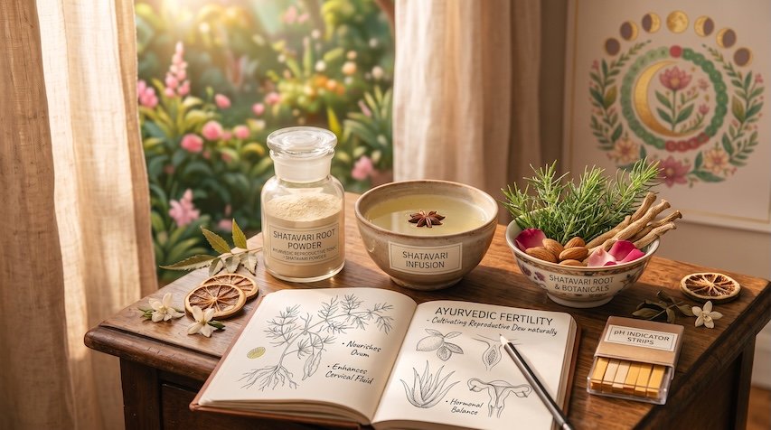 Shatavari root powder and herbal infusion arrangement for Ayurvedic fertility support